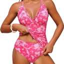 ZAFUL Womens Tankini Swimsuits Smocked 2 Piece Bathing Suits Modest Tie Back Swimwear (X-Large, Pink Floral)