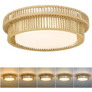 Boho Light Fixtures Ceiling 16W LED, HWH 13'' Woven Rattan Flush Mount Ceiling Light, Handwoven Twine Cage Light Fixtures 3000K, 5HYS78F-LED (Beige)