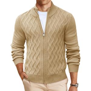 Yousify Mens Cardigan Sweater Full Zip Cable Knitted Stand Collar Cardigan Casual Long Sleeve Sweaters (XX-Large, Khaki)