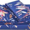 JSD Navy Blue Tropical Floral Printed Sheet Set King Size | 4 Piece Soft Botanical Microfiber Sheets, 16 inch Extra Deep Pocket, OEKO-TEX Certified, Easy Care, Blue Flower