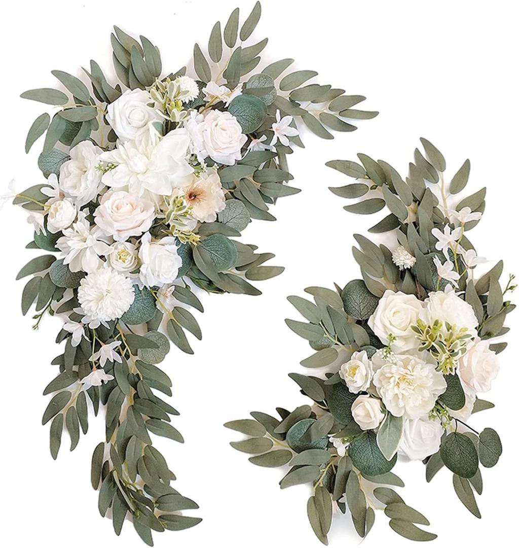 Wedding Arch Faux Flowers Set of 2 Greenery Garland for Wedding Decor Ceremony and Reception Backdrop Decoration (White)
