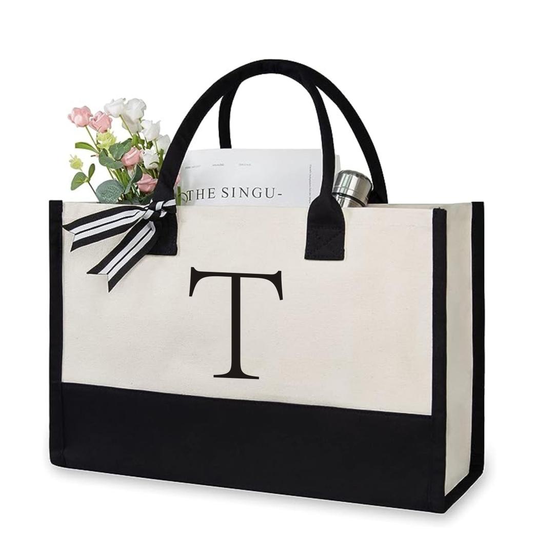 Personalized Initial Canvas Beach Bag, Monogrammed Gift Tote Bag for Women