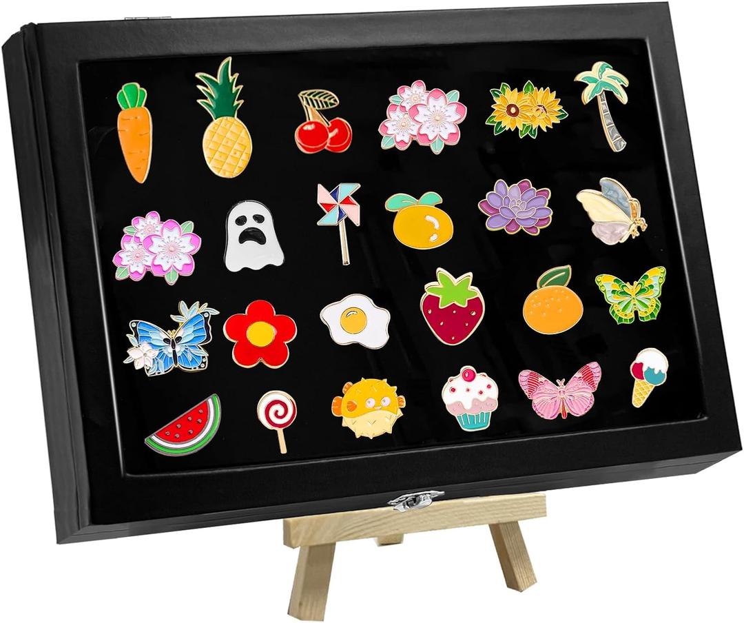 Large Enamel Pin Display Frame, 8" x 6" Shadow Box for Wall & Tabletop Display Case for Military Medals, Jewelry Pin Badge Collection, Rings