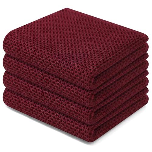 Homaxy 100% Cotton Waffle Weave Kitchen Dish Towels, Ultra Soft Absorbent Quick Drying Cleaning Towel, 13 x 28 Inches, 4-Pack, Burgundy