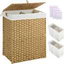 Greenstell Laundry Hamper with lid, No Install Needed, 110L Wicker Laundry Baskets Foldable 2 Removable Liner Bags, 2 Section Clothes Hamper Handwoven Rattan Laundry Basket with Handles, Natural