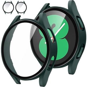 Tensea [2Pack for Samsung Galaxy Watch 5 2022/4 2021 Screen Protector Case 44mm Accessories, Protective Face Cover Built-in Tempered Glass Film Bumper Case (44mm, Green)