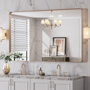 LOAAO 48X30 Gold Bathroom Mirror, Rounded Rectangle Gold Frame Mirror, Brushed Gold Bathroom Vanity Mirror Wall-Mounted, Anti-Rust, Tempered Glass, Hangs Horizontally or Vertically