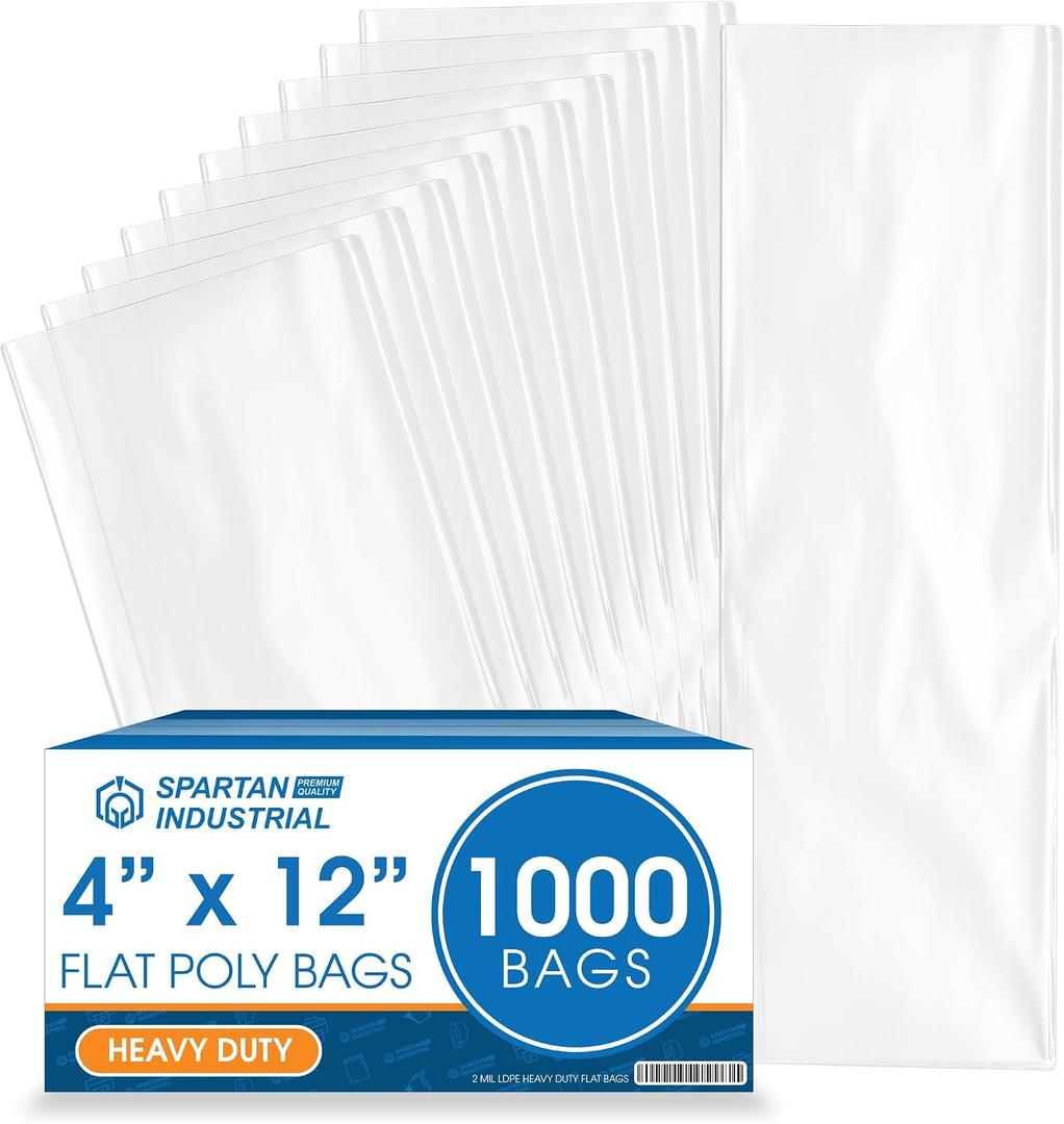 4" X 12" Open-End Flat Poly Bags (1000 Count) - 2 Mil Clear Plastic - No Adhesive Strip - For Packaging, Shipping, Storage - Spartan Industrial