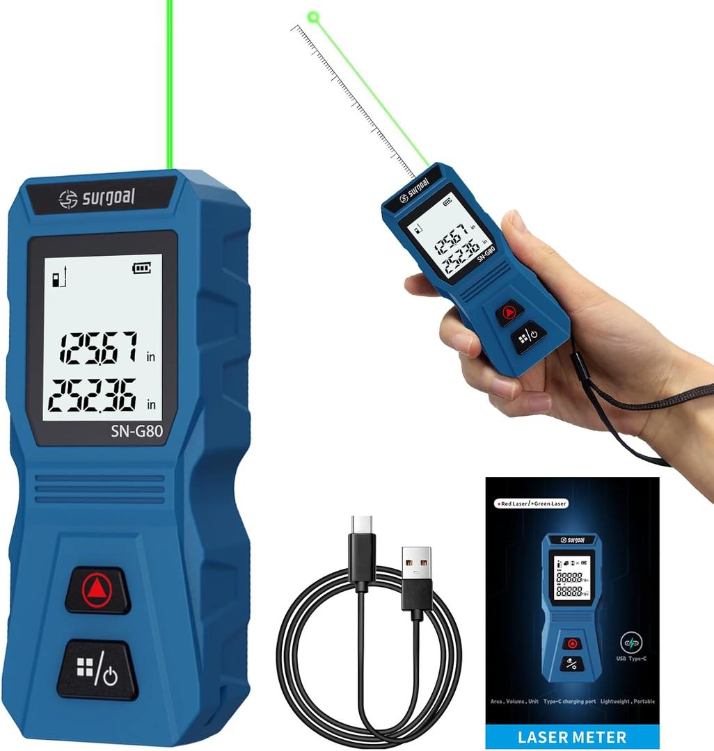 Mini Green Laser Distance Meter 262Ft  Rechargeable Digital Measuring Tool with USB Type-C, Area/Volume Modes, Max/Min, 3mm Accuracy, Pocket-Sized Compact Design Mini Green Laser Distance Meter 262Ft  Rechargeable Digital Measuring Tool with USB Type-C, Area/Volume Modes, Max/Min, 3mm Accuracy, Pocket-Sized Compact Design