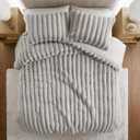 Madison Park Jasmine Queen Comforter Set, Luxurious Reversible Faux Fur Plush Ribbed Velvet Bedding, Fuzzy Thick Warm Winter Comforter, Super Soft Fluffy 3-Piece Set Light Grey