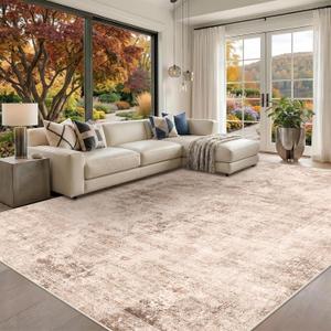 Hazo Haus Farmhouse Area Rugs for Living Room, 8x10 Washable Modern Abstract Rug for Bedroom, Dining Room Under Table & Home Office, Ultra-Soft Low Pile Design, Stain Resistant (Beige & Peach)