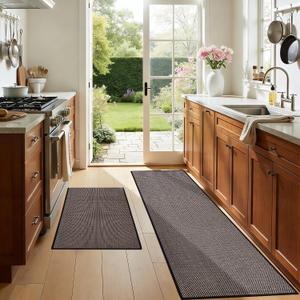 AIMPEAK Kitchen Rugs Non Slip Washable Set of 2 PCS, Cushioned Rugs for Kitchen Floor, Absorbent Runner Rug Comfort Mats with Rubber Backing for Hallway, Office, Home Brown and Black, 24"x36"+24"x60"
