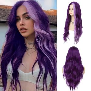 Dark Purple Wavy Long Wigs for Women Natural Curly Middle Part with Light Purple Highlight Hair Heat Resistant Synthetic Wig for Halloween Cosplay Use