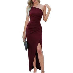 Sarin Mathews Womens One Shoulder Long Formal Dress Sexy Summer Sleeveless Bodycon Ruched Wrap Split Cocktail Dresses Burgundy M