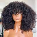 Afro Kinky Curly Wig With Bangs Full Machine Made Scalp Top Wig 200 Density Virgin Brazilian Short Curly Human Hair Wigs Natural Color 22 inch