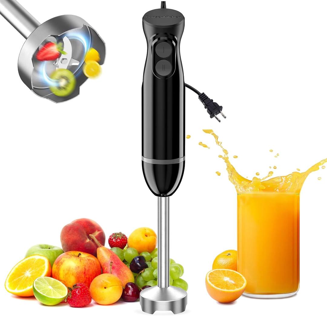 Bonsenkitchen Hand Blender, Immersion Blender with 2 Mixing Speed, Electric Handheld Mixer Portable Stick Mixer with Stainless Steel Blades for Soup, Smoothie, Puree, Baby Food