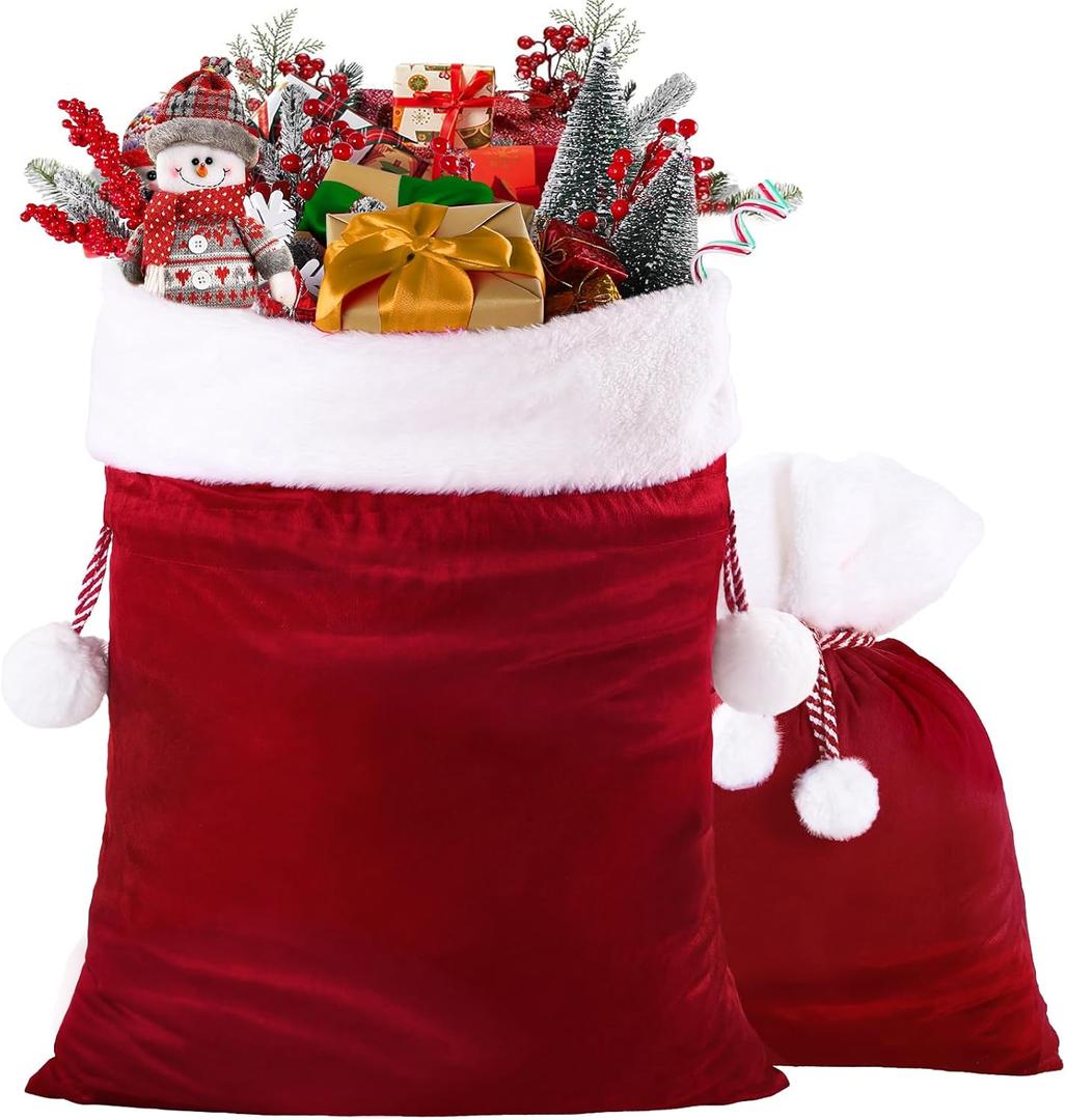 DIYDEC 2pcs Christmas Velvet Santa Bags with Drawstring Christmas Red Gift Bags Large Santa Gift Sack for Xmas Present Party Supply Costume Holiday Wrapping