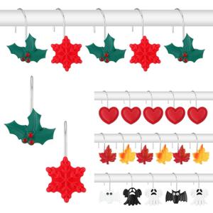 2 x 48 Pcs Seasonal Shower Curtain Hooks Set Valentines Day Bathroom Decor Decorative Shower Curtain Rings for Holiday Christmas Thanksgiving Fall Halloween Accessories, Stainless Steel