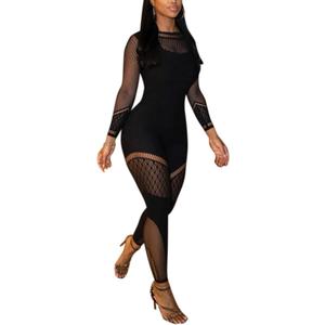 VOIKERDR Black Jumpsuit for Women Sexy Bodycon Mesh Hollow One Piece Jumpsuit See Through Romper Trendy (One Size)