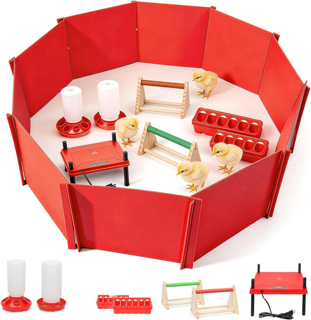 Chick Brooder Box for Chicks Baby Chick Starter Kit Brooding Playpen with Chick Heating Plate Perch Feeder Waterer for Duck and Quail Chicken Supplies