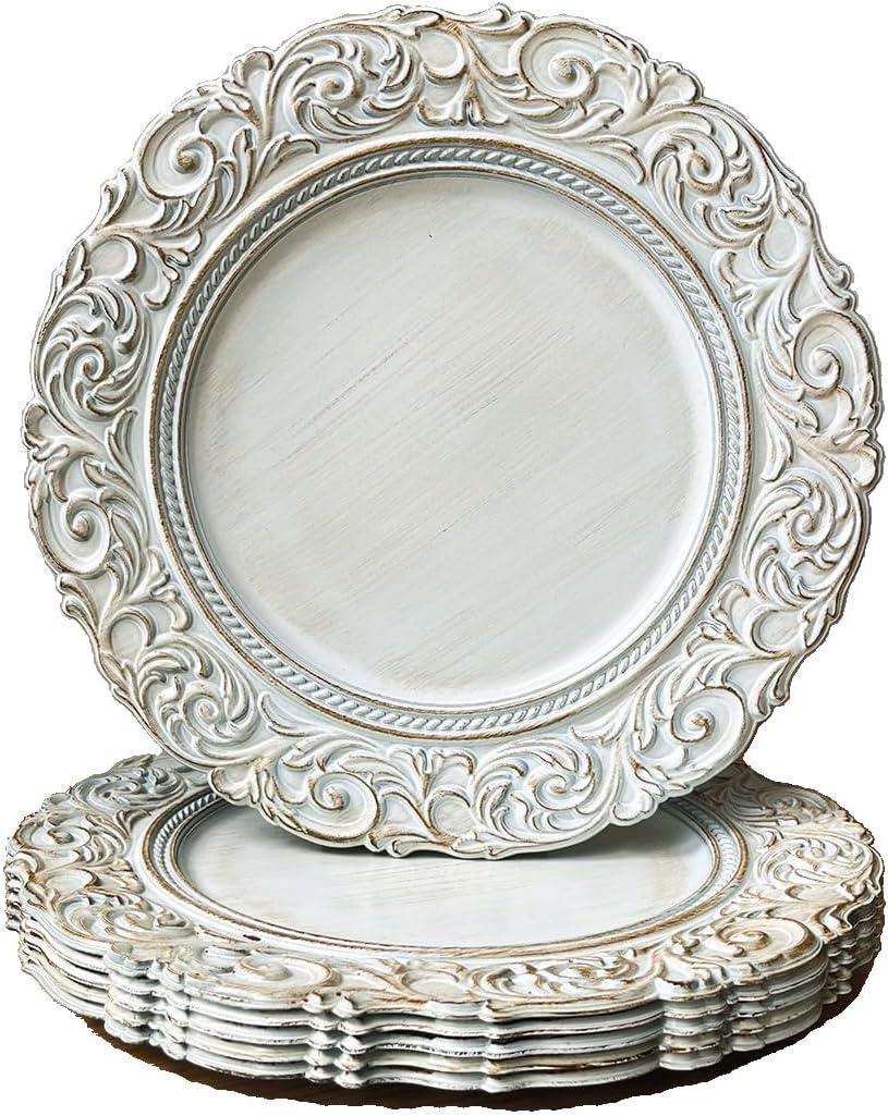 Antique Charger Plates, 13 Inch White Dinner Plate Chargers Round Server Ware. Set of 6 Plastic Embossed Charger for Dinner, Party, Wedding, Elegant Tableware Decoration. (White)