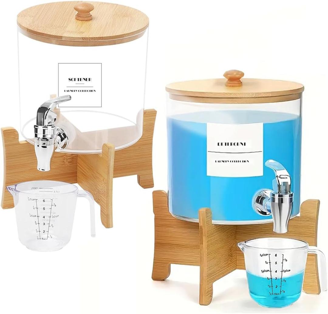 2Pcs Laundry Detergent Dispenser, Laundry Soap Dispenser with Stand, Faucets Acrylic Laundry Detergent Container for Laundry Room Liquid Detergent, Bleach, Fabric Softener Organization and Storage