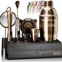 BARE BARREL® Mixology Bartender Kit Bar Set | 14-Piece Martini Cocktail Shaker Set | Professional Barware Mixing Tools for Home Bartending | Stand & 35 Recipe Cards | Gift Set (Brushed Brass)