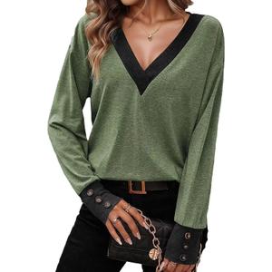Flamingals Women's V Neck Two Tone Tops Button Cuff Long Sleeve Dressy Casual Christmas Tops Fall Fashion Clothes (XXL)