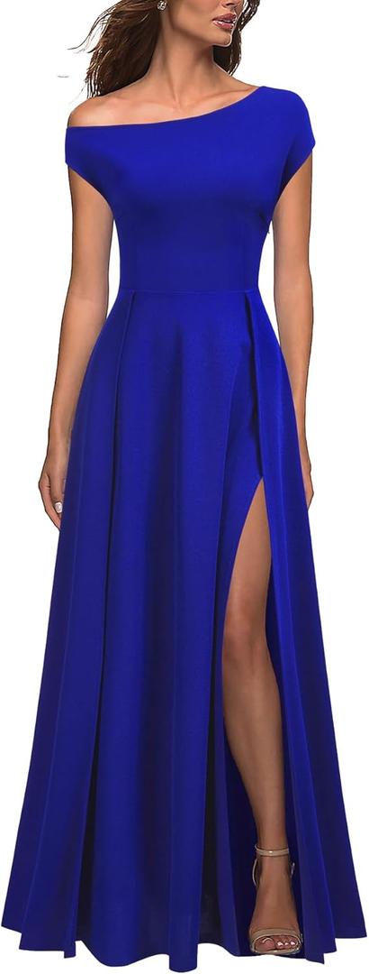 MUSHARE Women's One Shoulder Formal Dress Sexy Split Party Long Cocktail Dresses (Royal Blue) XL