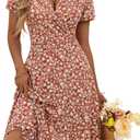 MSBASIC Womens Summer Wrap V Neck Casual Dresses Floral Short Sleeve A-Line Midi Sundress (M)