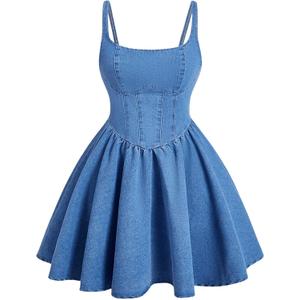 WDIRARA Women's Casual Square Neck Denim Dress Ruffle Hem A Line Mini Dress (Blue), Size L