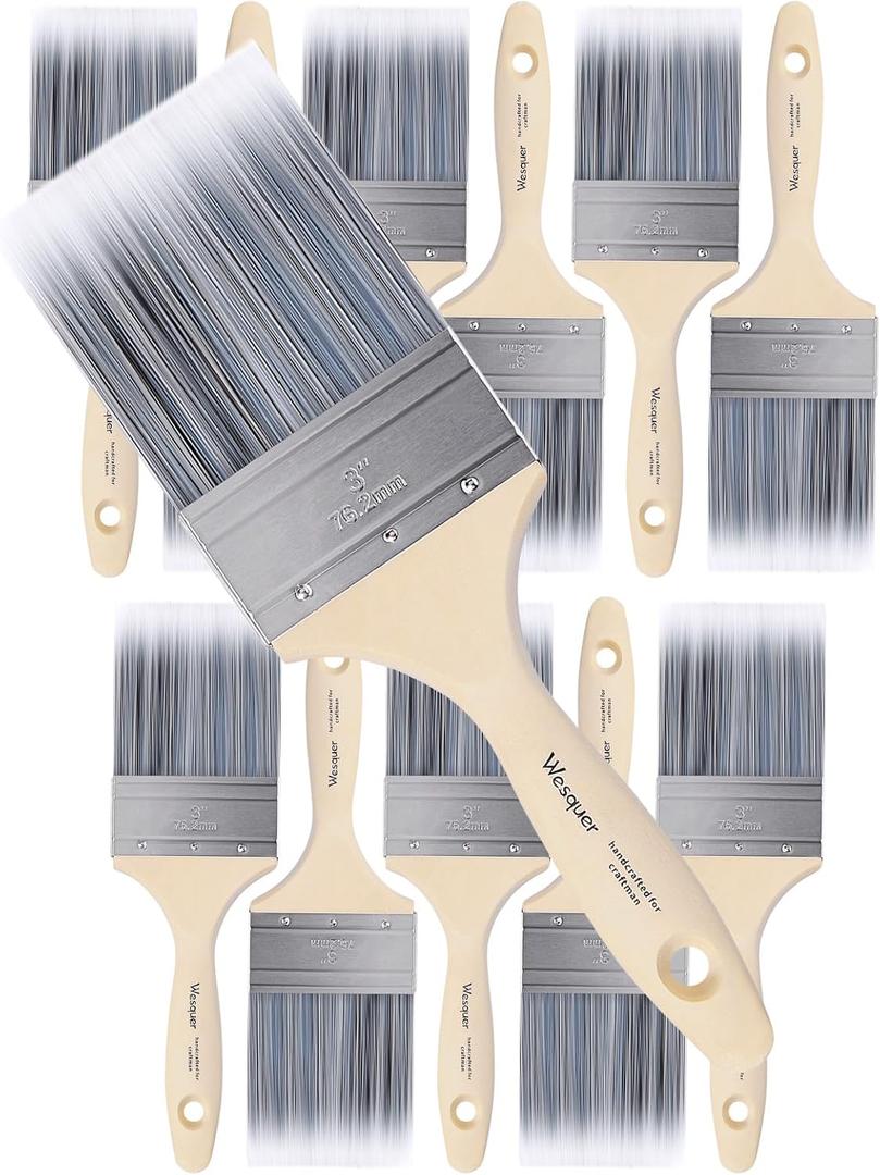 Wesquer 3 Inch Professional Paint Brushes 12-Pack, Premium Synthetic Bristles for Smooth Finish, Easy to Clean & Reusable for Wall, Cabinet, Interior & Exterior Painting