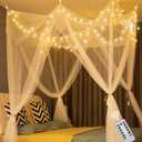 Obrecis White Bed Canopy with Star Lights for Girls, 8 Corner Post Princess Canopy Bed Curtains with 100 LED Star Lights String Color Changing for Bedroom Decor Twin Full Queen King Bed