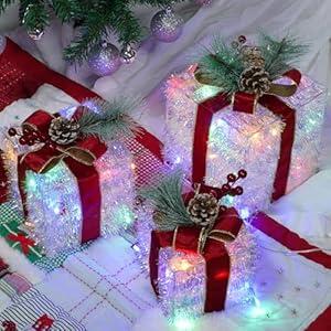 SANHSEHOME Set of 3 Christmas Lighted Gift Boxes, 60 LED Light Up Present Boxes Ornament for Christmas Decorations Indoor Outdoor Yard Xmas Tree Holiday Party Lawn Porch Home Decor(Multicolor)