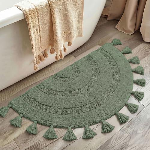 KOEXM Half Circle Boho Bathroom Rugs with Tassels 100% Cotton Soft Hand-Woven Bath Mat Non Slip Absorbent Machine Washable Bath Rugs, Bohemian Decor Sage Green 42"x 22"