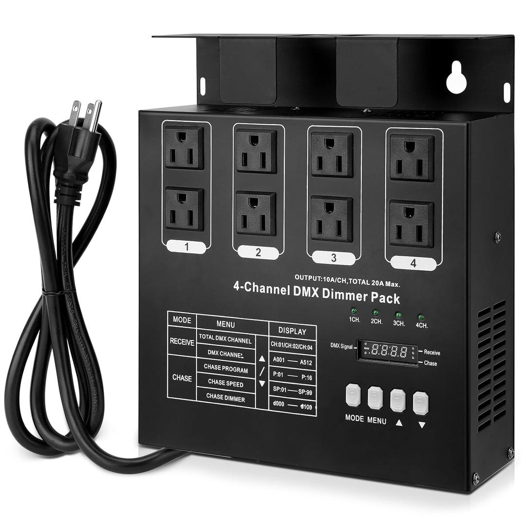 DMX 4-Channel Dimmer Pack with DMX512 Protocol Compatible with High-Voltage Halogen and LED Bulbs, 20A Max, Silicon Box for Stage Lighting Control