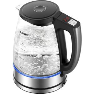 COMFEE' 1.7L Glass Tea Kettle and Kettle Water Boiler - Electric Kettle Temperature Control with 6 Presets, 2-Hr Keep Warm, Fast Heating, 304 Stainless Steel, Auto-Off and Boil-Dry Protection (1.8 Quarts, Transparent Digital)