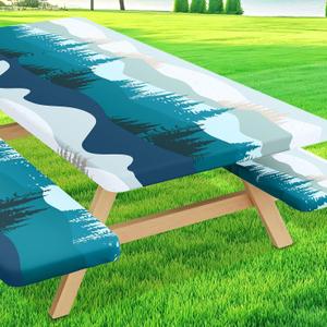 Moosfor Picnic Table Cover with Bench Covers, Elastic Fitted Spandex Tablecloths for 6 Foot Rectangle Tables, Stretch Washable Patio Tablecloth for Outdoor, Camping (Forest, 30"x72")