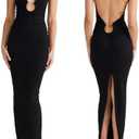 ABYOVRT Women Sexy Backless Dress V Neck Sleeveless Open Back Split Maxi Dress Party Cocktail Bodycon Long Dress (Black, M)