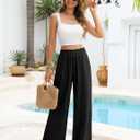 Linen Pants Women Summer Wide Leg Palazzo Pants Loose Slim High Waist Flowy Beach Boho Lounge Trouser Work Outfits 2026 (Black, L)