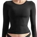 SUUKSESS Women Double Lined Fitted Basic T Shirts Crew Neck Long Sleeve Crop Top (Small, Jet Black)