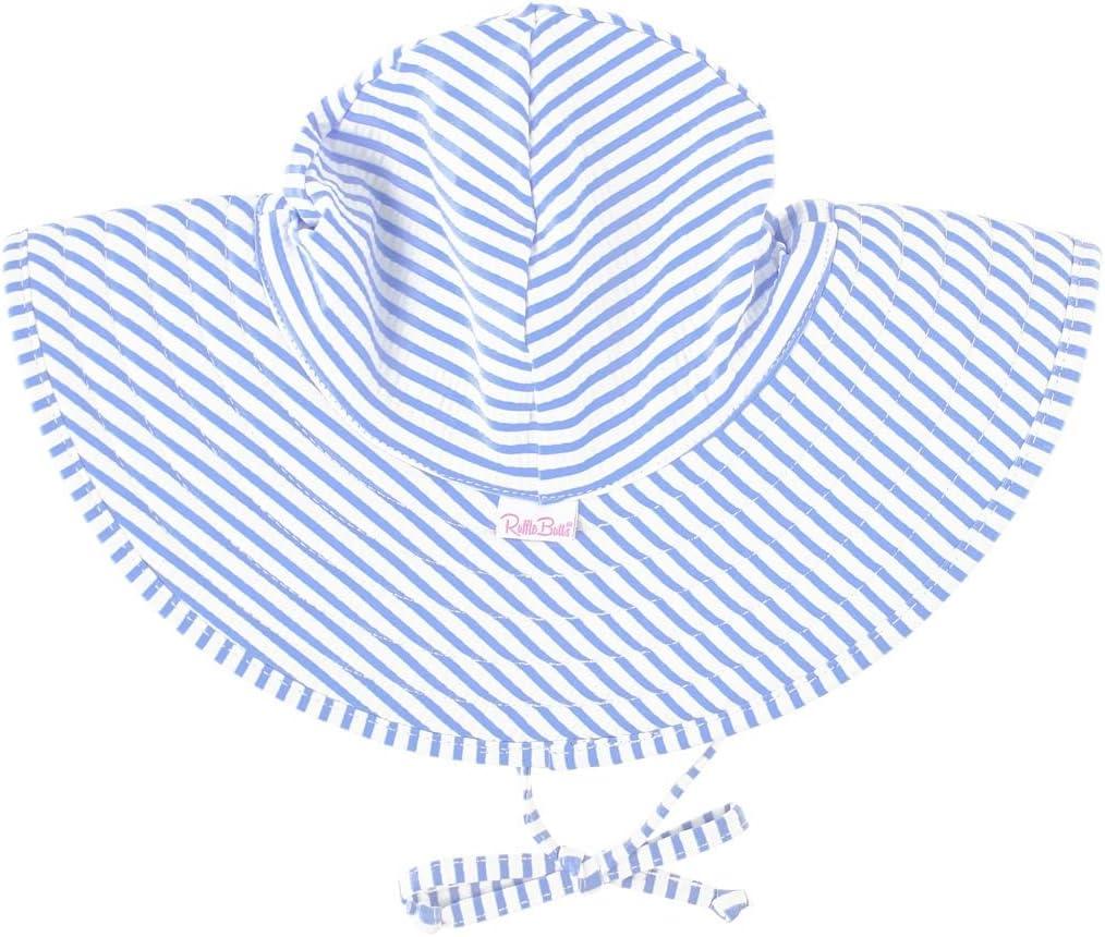 RuffleButts Baby/Toddler Girls UPF 50+ Sun Protective Wide Brim Swimwear Sun Hat (3-5T, Periwinkle Blue Seersucker)