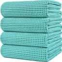 POLYTE Microfiber Oversize Quick Dry Lint Free Bath Towel, 60 x 30 in, 4 Pack (Aqua, Waffle Weave)