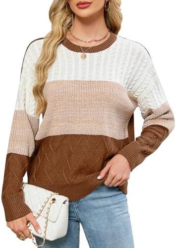 QIANSIQIANBO Women's Striped Color Block Sweaters Crewneck Fall Sweater Long Sleeve Oversized Soft Winter Pullover Tops XL