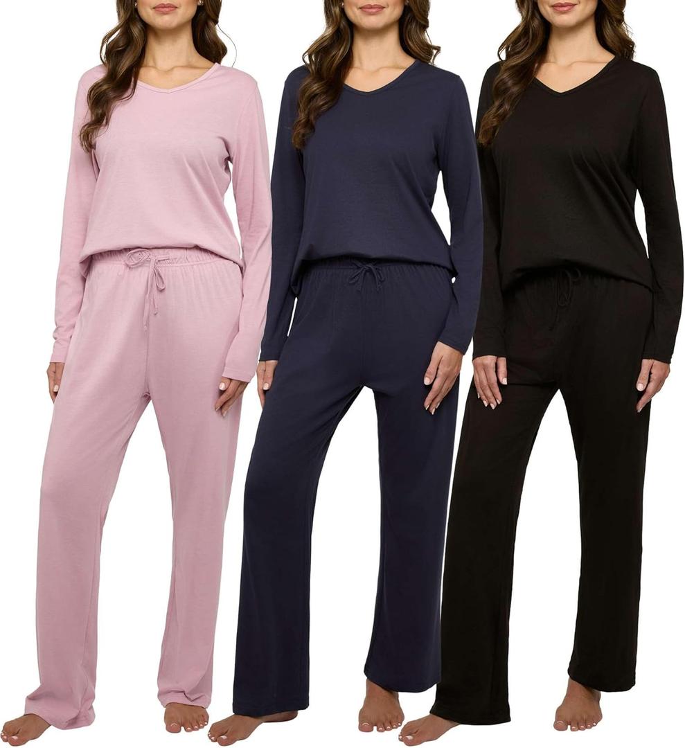 Real Essentials 3 Pack Women's Soft Cotton Long Sleeve Pajama Set with Pants - Lounge Sets for Women (XX-Large)