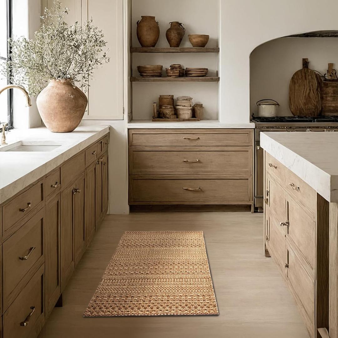 20"x30" Kitchen Mats for Floor, Woven Kitchen Rugs, Machine Washable Mats Boho Style, Non Slip, Anti-Skid TPR Backing for Kitchen, Non-Slip, Durable, Easy Clean, Everyday Use (1'8" x 2'6" (Rectangular), Light Brown)
