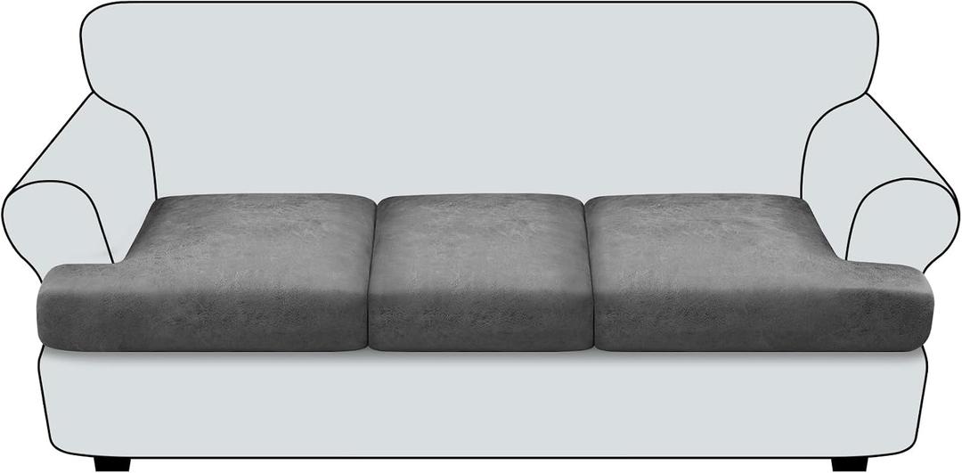 T Cushion Sofa Slipcovers Leather-Look 3PC Stretch Sofa Cushion Covers for 3 Cushion Couch Individually Couch Seat Covers with Elastic Bands, Pet-Friendly, Non-Slip, Easy Fit - Grey