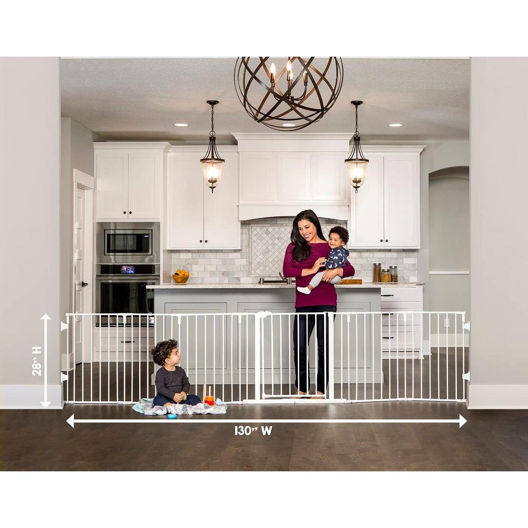 Regalo Safety 56"-130" Super Wide Baby Gate & Play Yard, 2-in-1 Adjustable Safety Gate for Doorways & Bottom of Stairs, Wall Mounted Room Divider, Includes Wall Mount Kit (130"W x 28"H, White)
