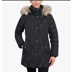 ZIP-FRONT DIAMOND QUILTED JACKET WITH ZIP-OFF FUR TRIM HOOD XL