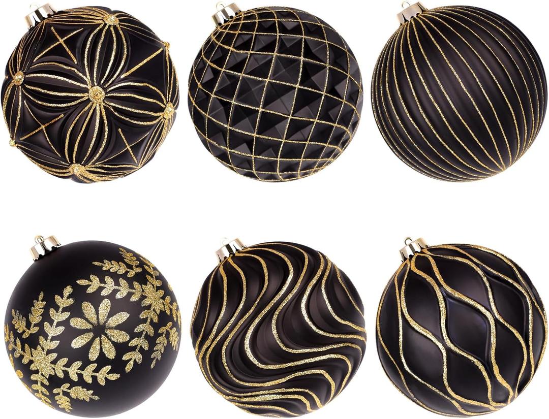 Lanpn 6 Pcs 6" Large Christmas Balls Ornaments, Outdoor Xmas Tree Hanging Decorations, Shatterproof Christmas Ball Ornament Set for Home Winter Holiday, Assorted Relief Pattern, Black & Gold